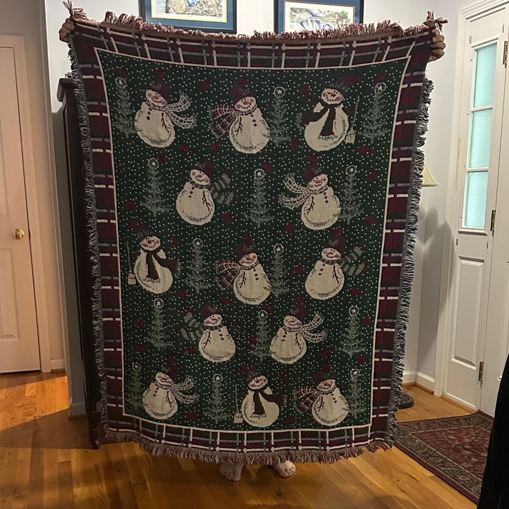 Festive Snowman Holiday Throw Blanket - Green and Red
